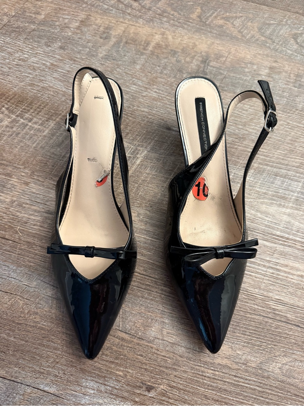French Connection Black Patent Slingback Pointed-Toe Heels with Bow